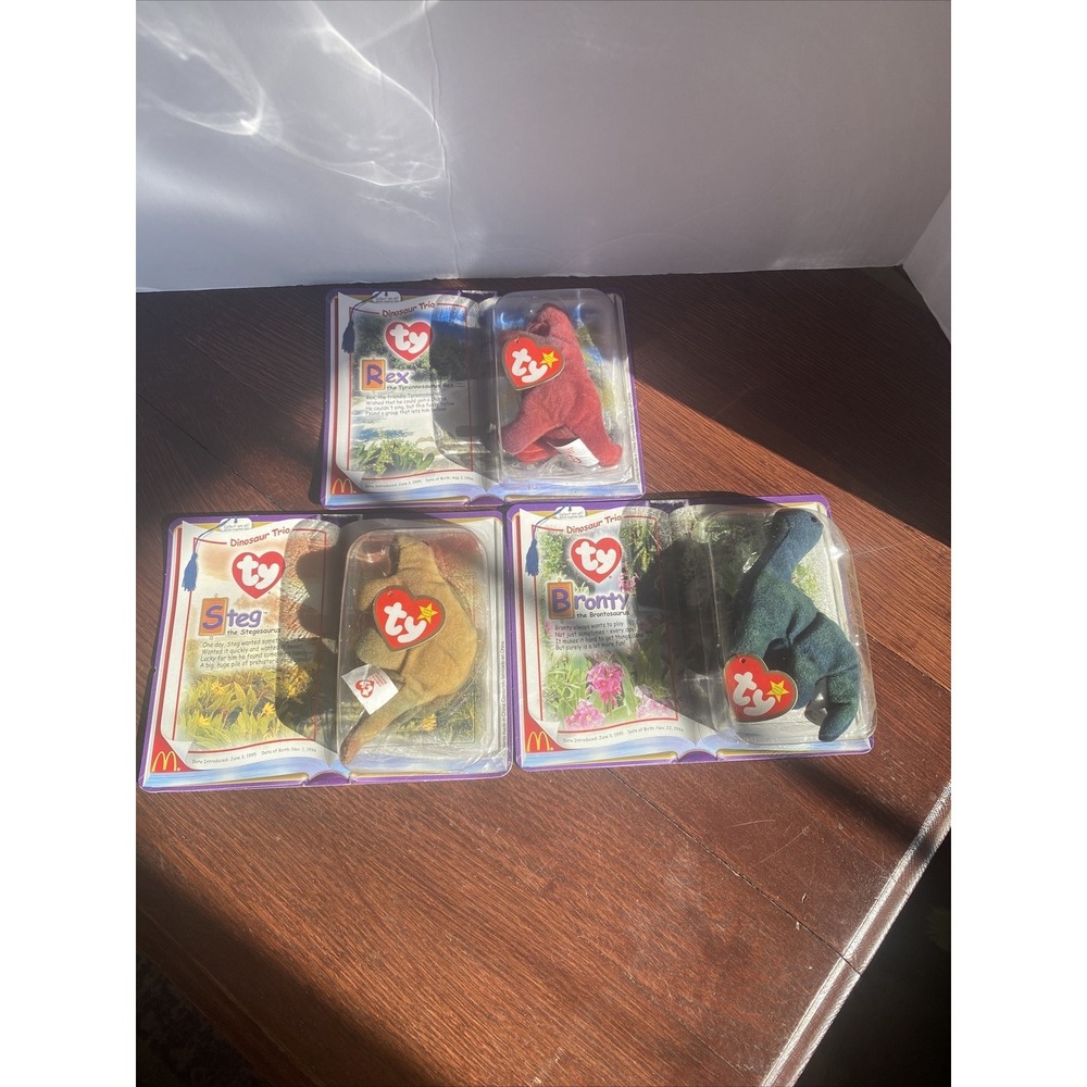 TY Beanie Baby Dinosaur Trio In Box Steg, Bronty, Rex McDonalds 1995